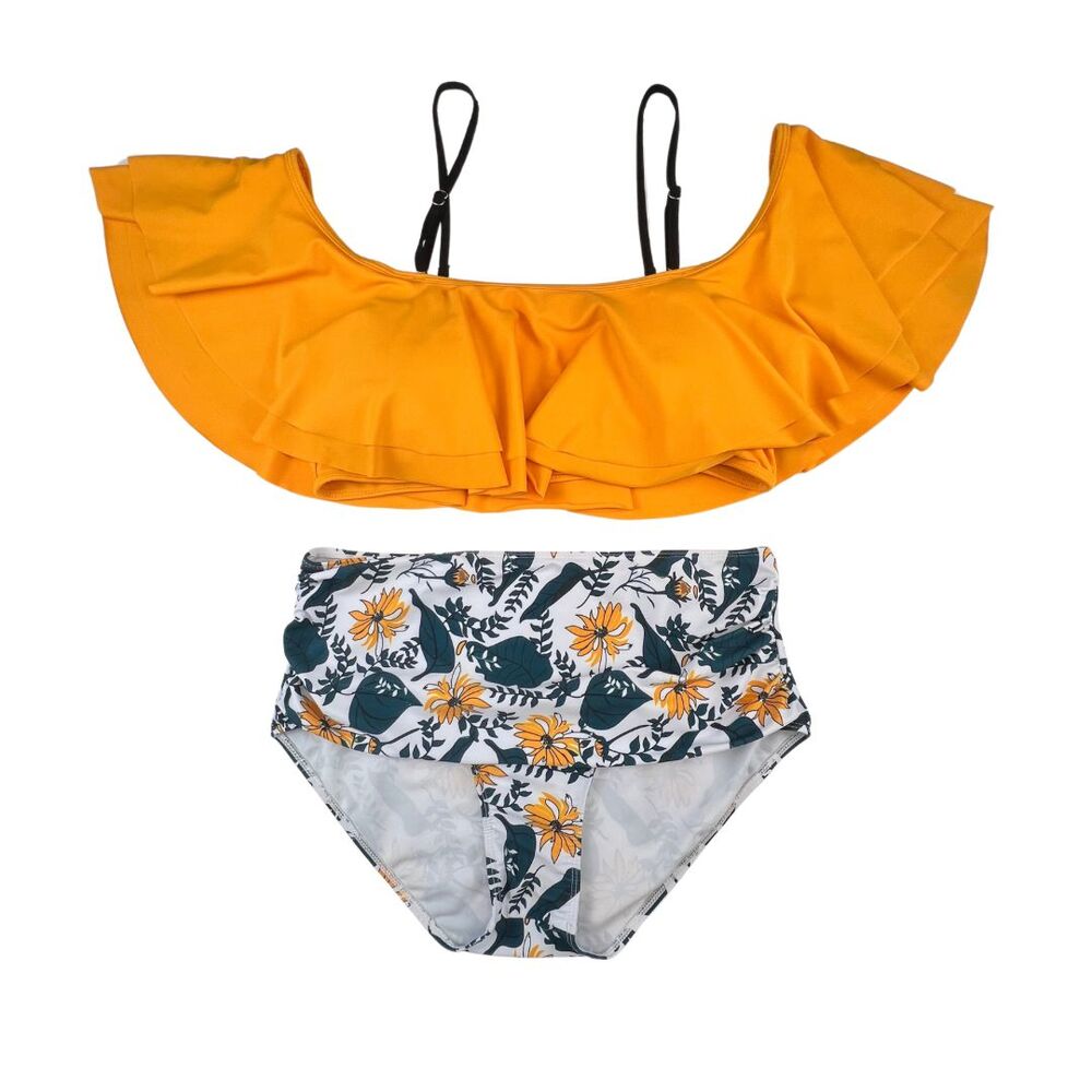 2 Pcs Swimsuit XL Yellow Sunflower Ruffle Off Shoulder Flounce Top Ruched Bottom